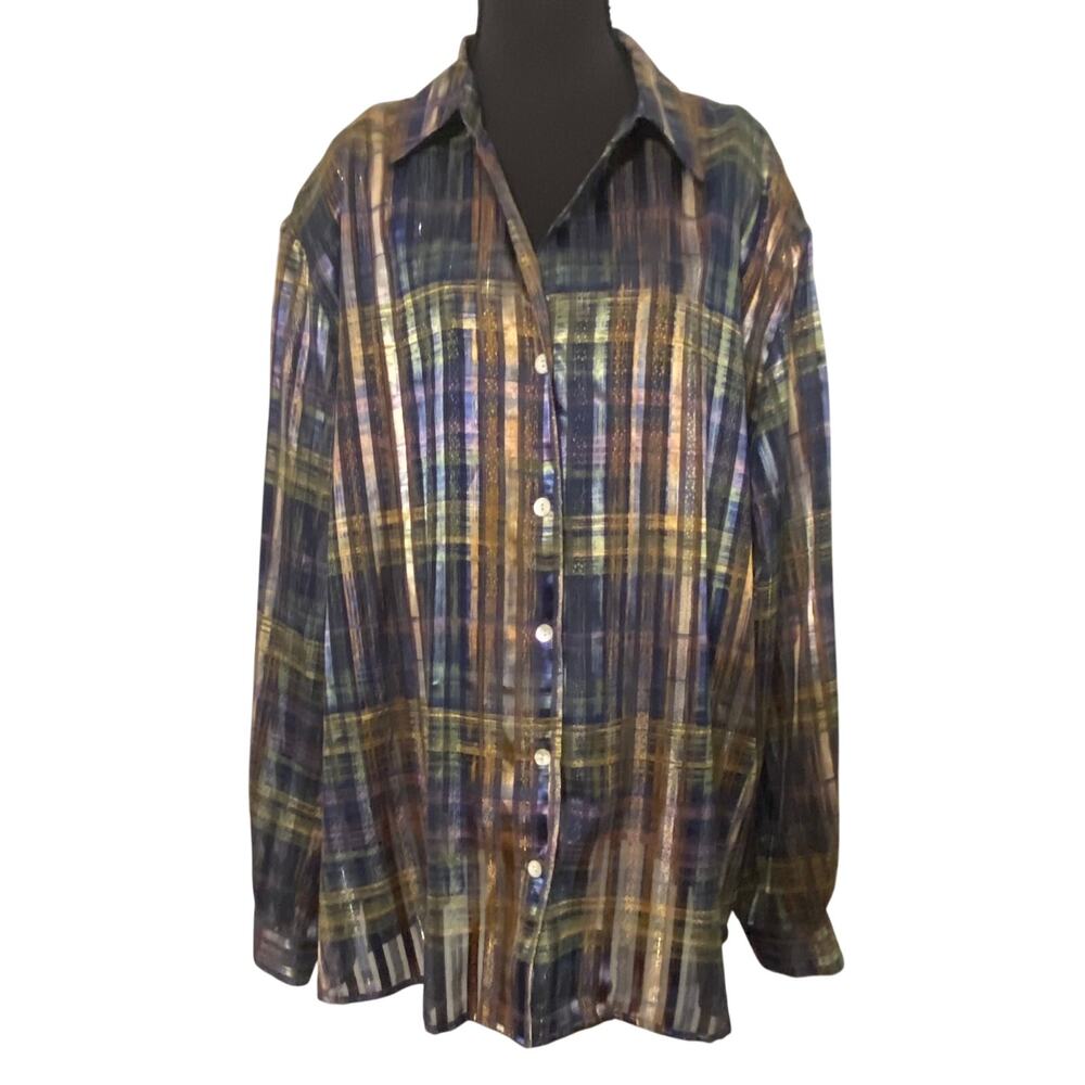 DressBarn Woman 3X Semi-Sheer Plaid Metallic Button Front Blouse Blue Gold